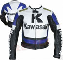 Kawasaki R Motorrad Blau Weiß und Schwarz Farbe Lederjacke