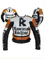 Kawasaki R Racing Orange Weiß Schwarz Motorrad Lederjacke