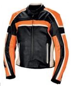 Motorrad Lederjacke schwarz weiß und orange Farbe