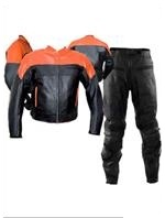 two piece orange black colour motorcycle leather suit
