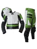 green white black colour two 2 piece motorbike leather suit